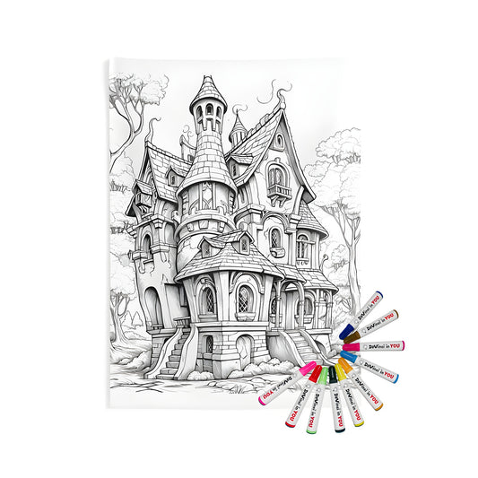 Intricate fantasy home illustration wall tapestry with vibrant colors, ideal for decoration and relaxation