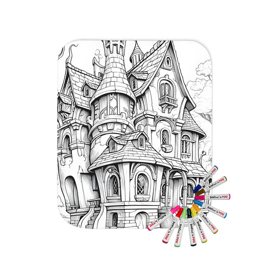 Detailed castle illustration blanket with vibrant fabric markers for adults