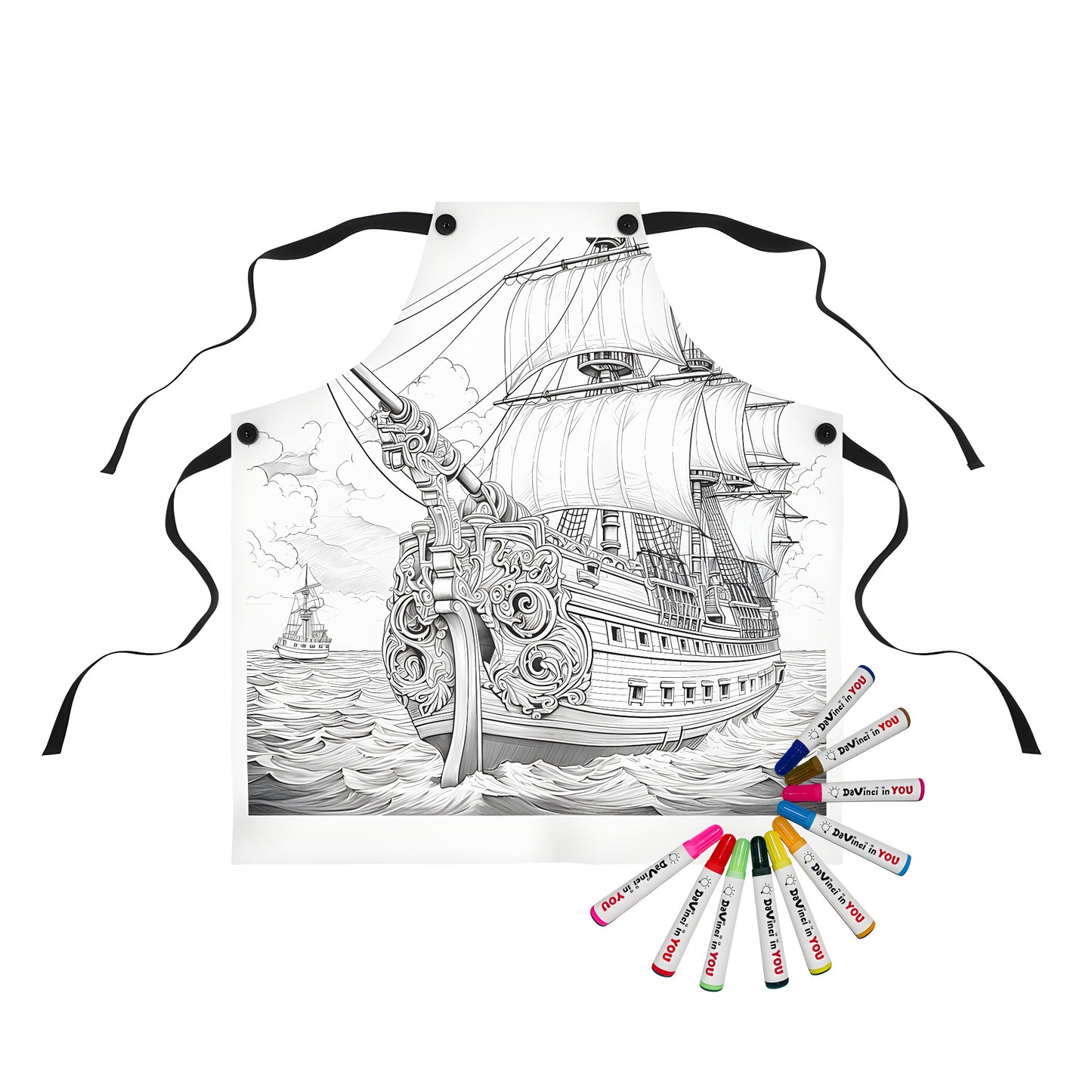 Coloring apron featuring an artistic illustration of a large sailing vessel on the ocean, accompanied by another ship in the background, perfect for coloring enthusiasts who love maritime scenes and seafaring adventures