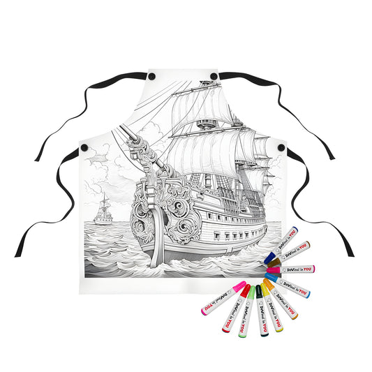 Coloring apron featuring an artistic illustration of a large sailing vessel on the ocean, accompanied by another ship in the background, perfect for coloring enthusiasts who love maritime scenes and seafaring adventures