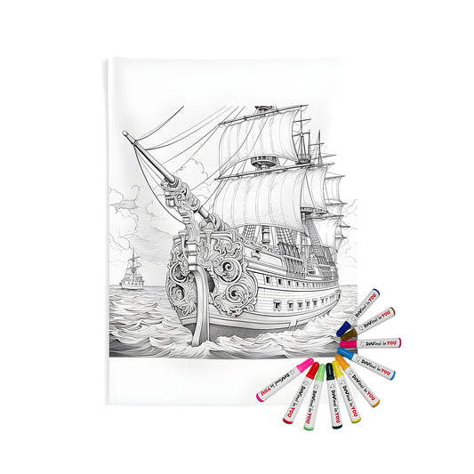 Indoor wall tapestry featuring an enchanting Detailed black and white illustration of large sailing vessels with intricate designs cruising on the ocean with another ship in the background. Perfect for nautical enthusiasts, sailors, and adventure-seekers.