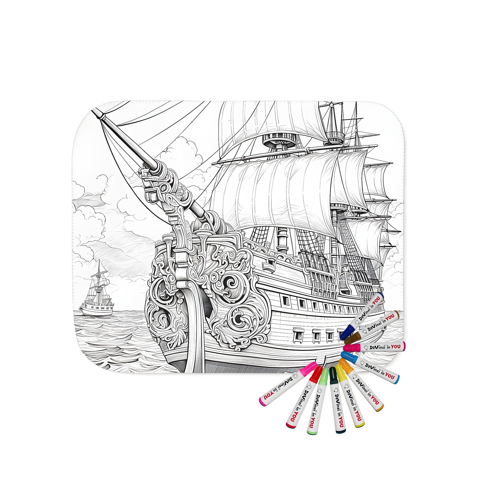 Blanket with detailed black and white illustration of sailing vessels, ships at sea, nautical theme