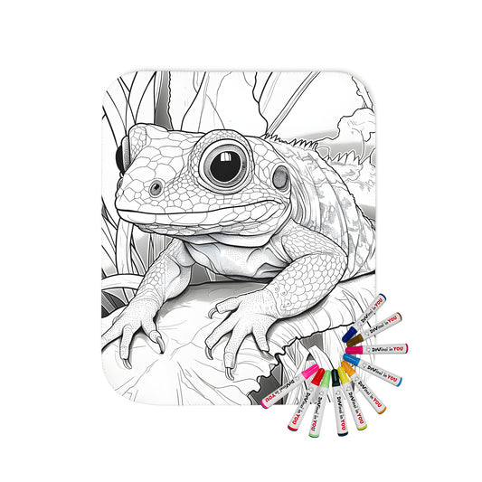 Blanket with detailed frog illustration and leafy background