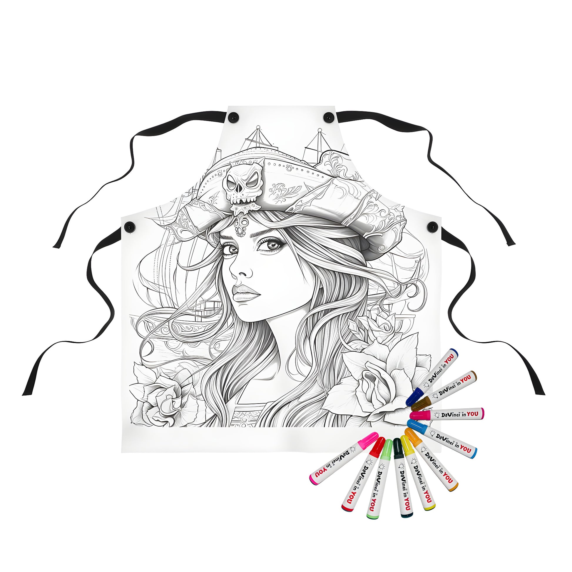 Apron with a colorful pirate woman design, featuring a skull hat, ship and roses