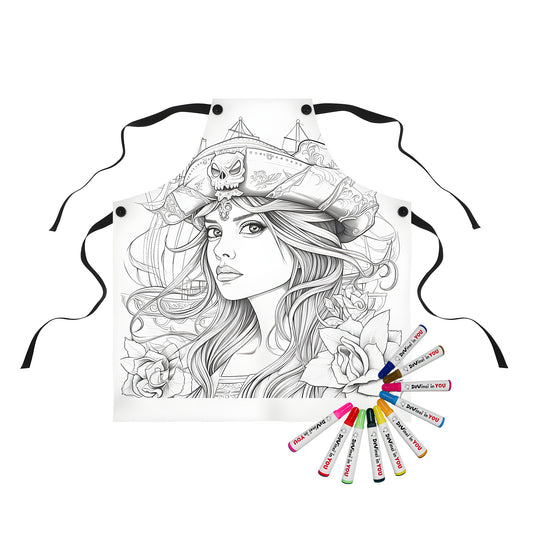 Apron with a colorful pirate woman design, featuring a skull hat, ship and roses