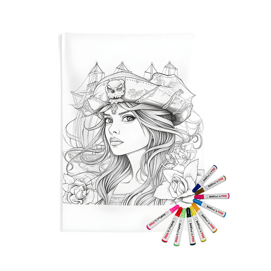 Indoor Wall Tapestry with Pirate Woman Design - Detailed Black and White Illustration