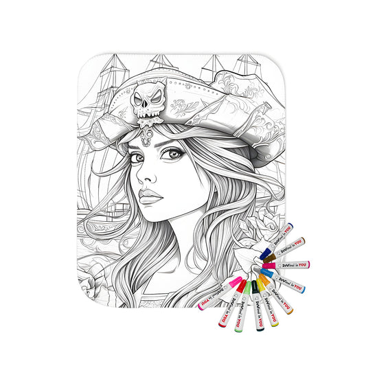 Blanket with a colorful pirate woman design featuring a skull hat, ship, and roses