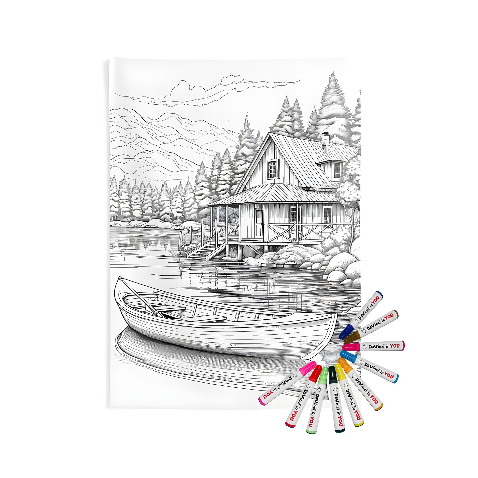 Cozy lakeside cabin wall tapestries for bedroom decor with detailed coloring kit