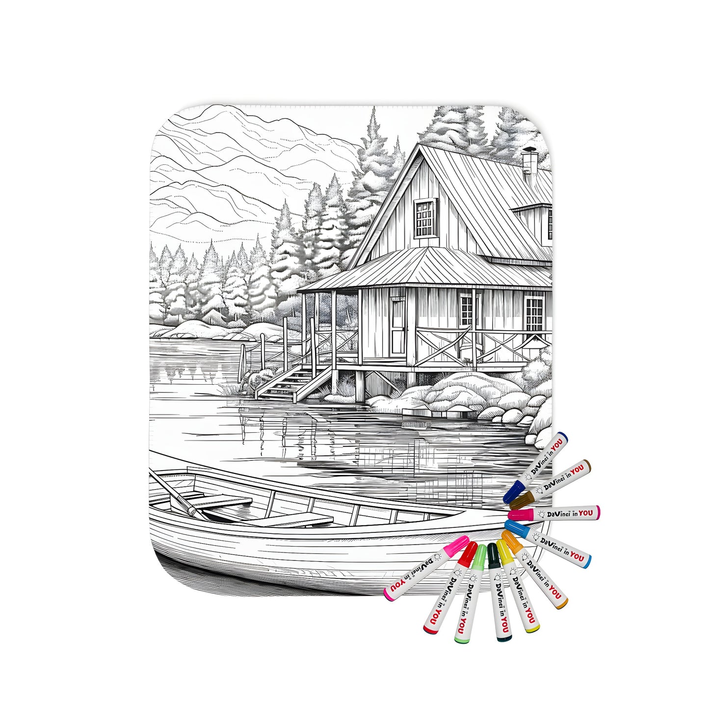 Cozy blanket with a charming lakeside cabin scene, featuring a serene landscape with mountains and trees