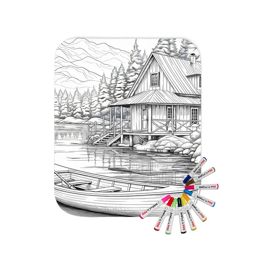 Cozy blanket with a charming lakeside cabin scene, featuring a serene landscape with mountains and trees