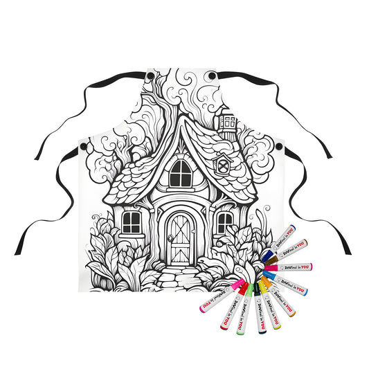 Whimsical farmhouse apron featuring an intricate black and white drawing of a cozy cottage surrounded by trees and foliage, perfect for countryside enthusiasts and coloring kit lovers.