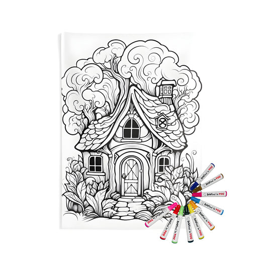 Indoor wall tapestry featuring an intricate black and white drawing of a whimsical cottage surrounded by trees and foliage