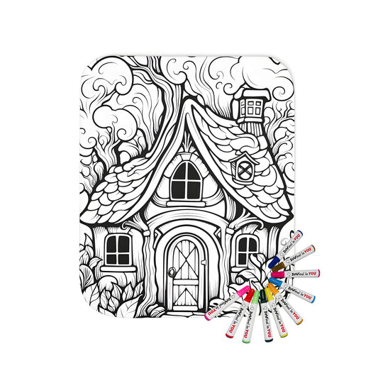 Cozy blanket featuring an whimsical village scene with a charming cottage, complete with intricate details