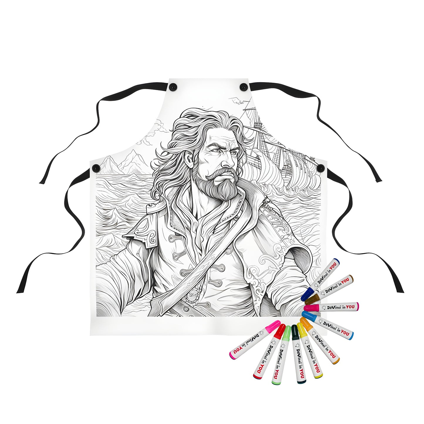 Apron with pirate captain design, perfect for coloring and creativity - includes 10 fabric markers