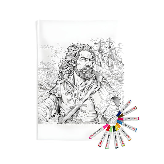 Indoor wall tapestries artwork of pirate captain scene, fabric coloring kit