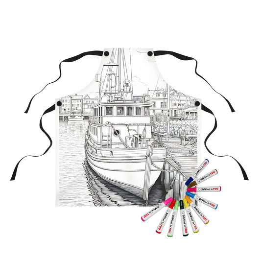 Apron featuring a detailed line drawing of a vessel moored at a dock, inspired by a fishing boat in a harbor scene, with 10 fabric markers included for coloring