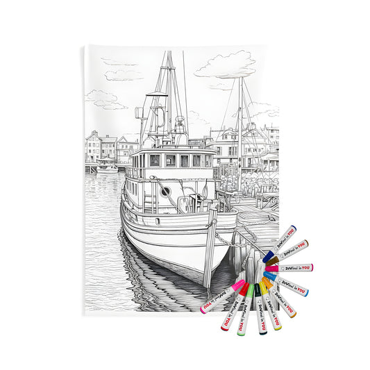 A colorful indoor wall tapestry featuring a detailed drawing of a fishing boat moored at a dock in a seaside harbor, perfect for home decor and adult coloring enthusiasts