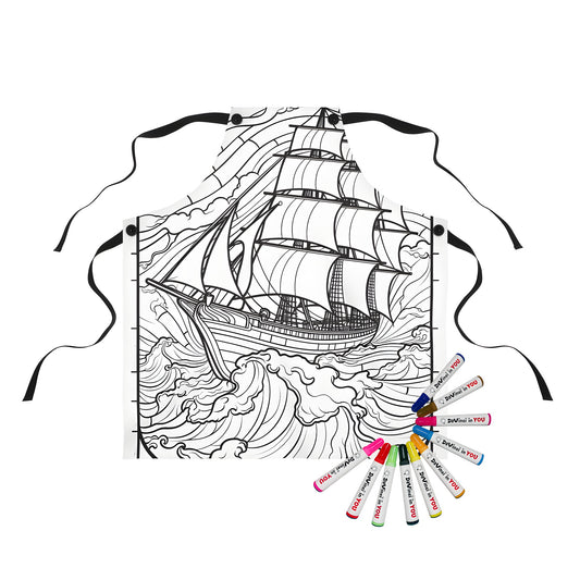 Apron with nautical sailboat design, featuring an illustration of a sailing vessel in stormy seas