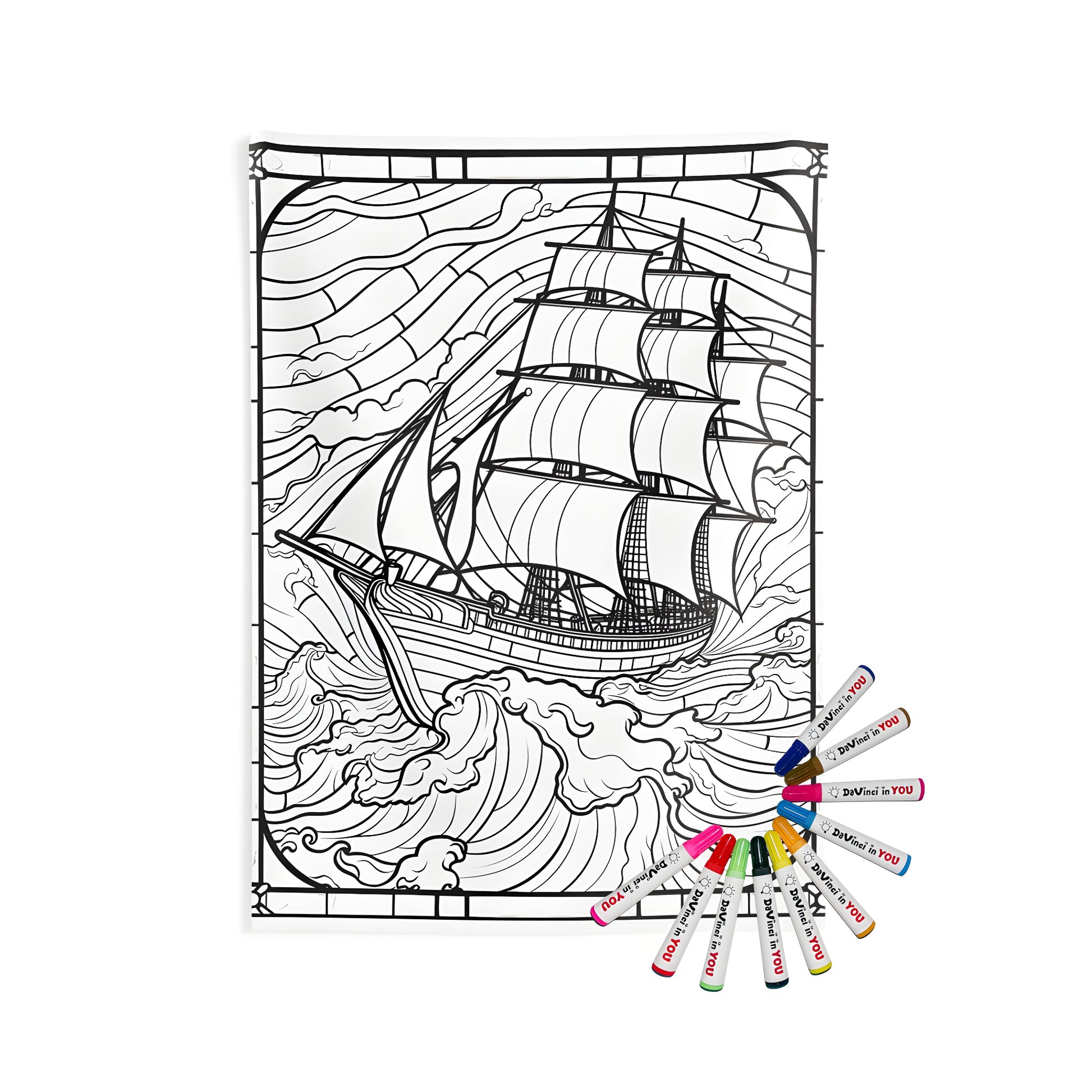 Coloring sailboat poster, nautical vessel artwork on indoor wall tapestry, detailed line art print with waves and sails