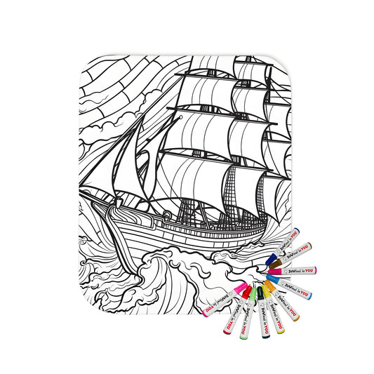 Coloring blanket featuring a detailed line art of a sailing vessel in rough seas, ideal for coloring with intricate waves and sails