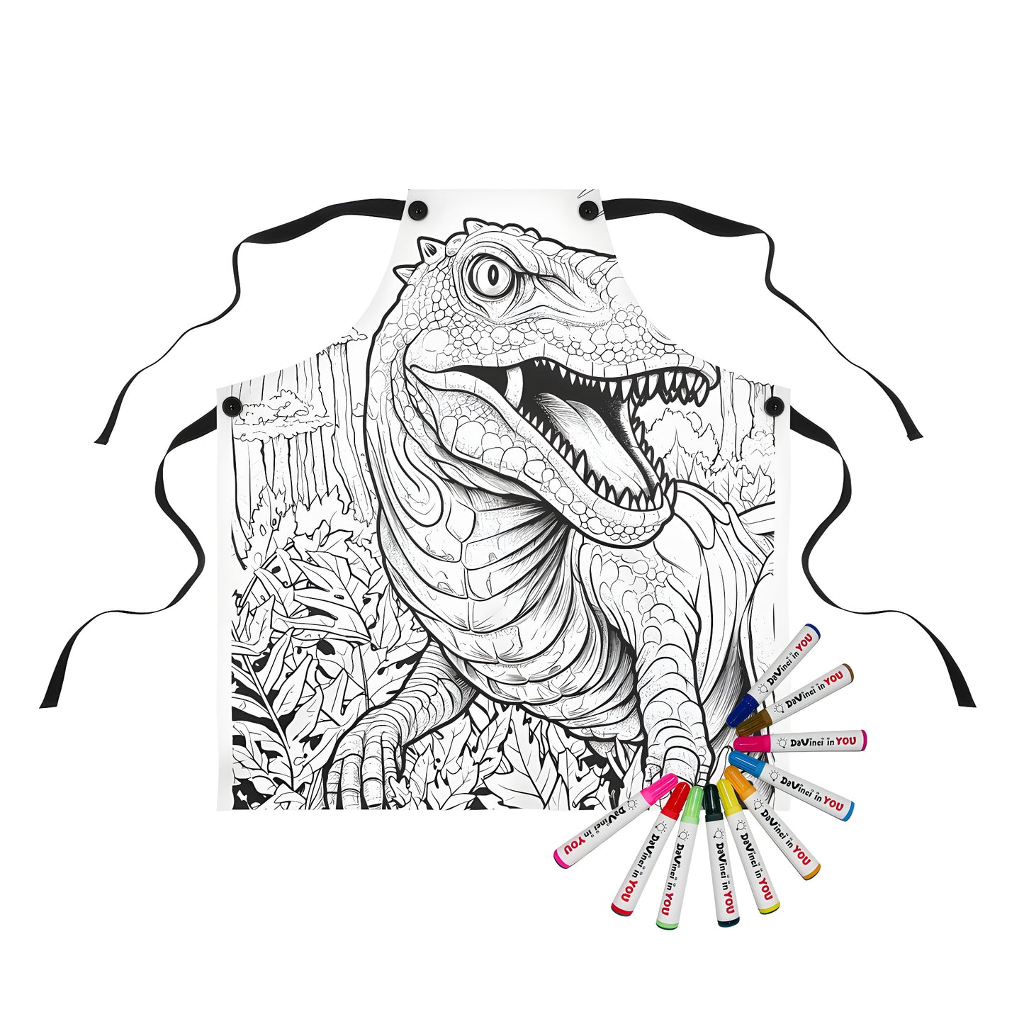 Coloring apron featuring a fierce T-Rex design in a jungle landscape, made from high-quality fabric markers on a soft, durable apron.