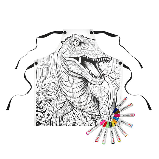 Coloring apron featuring a fierce T-Rex design in a jungle landscape, made from high-quality fabric markers on a soft, durable apron.