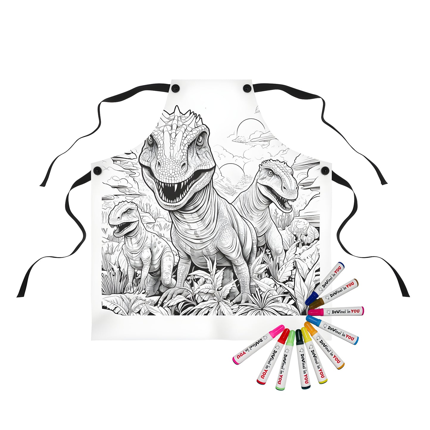 Coloring apron featuring detailed illustrations of fierce theropod dinosaurs in a prehistoric landscape, great for dinosaur enthusiasts