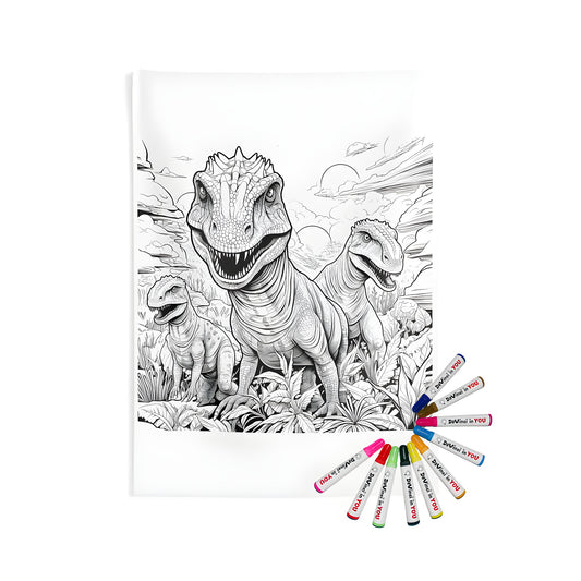 Dinosaur wall tapestry coloring kit with markers. Colorful theropod dinosaurs art on fabric.