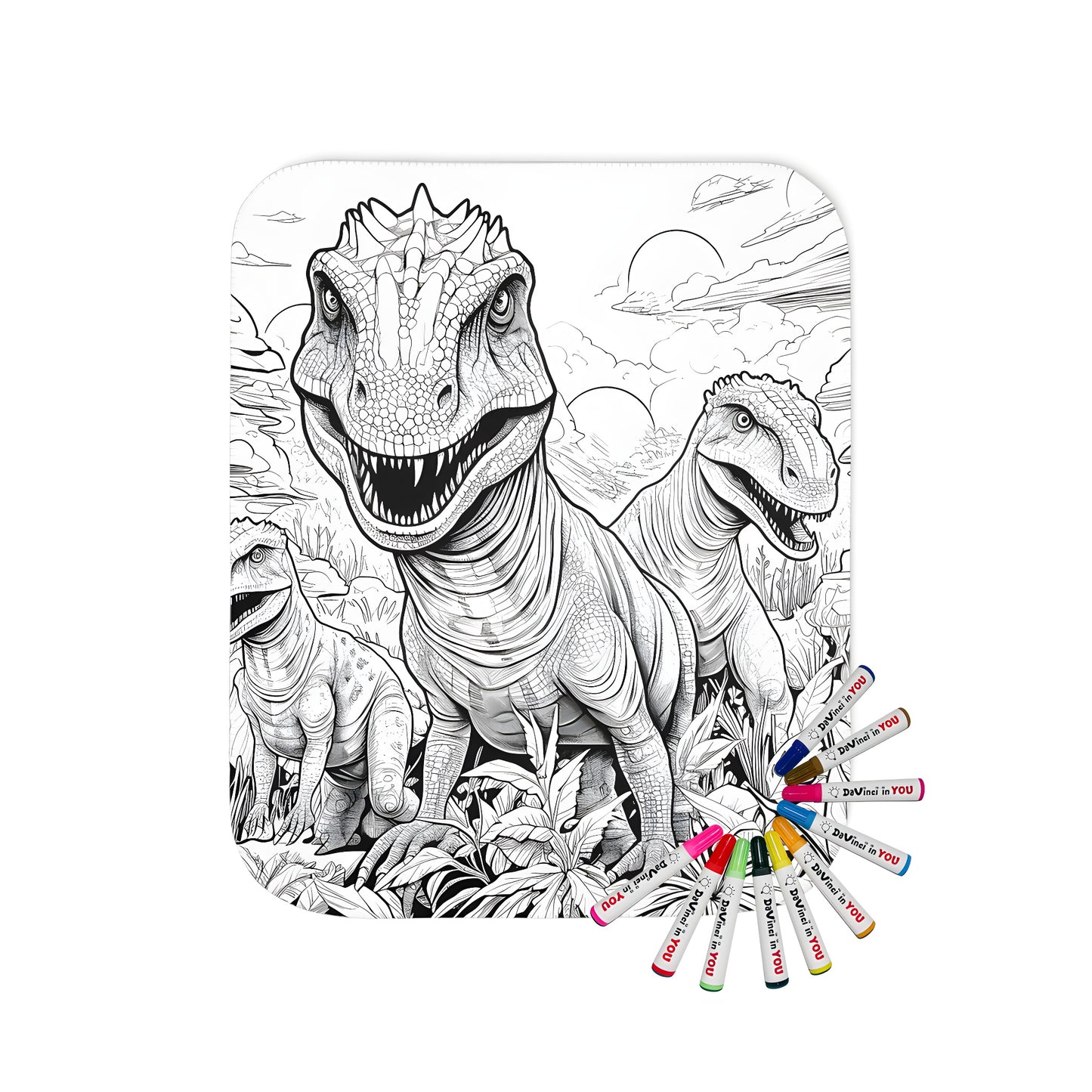 Detailed black and white illustration of three aggressive theropod dinosaurs on a cozy blanket