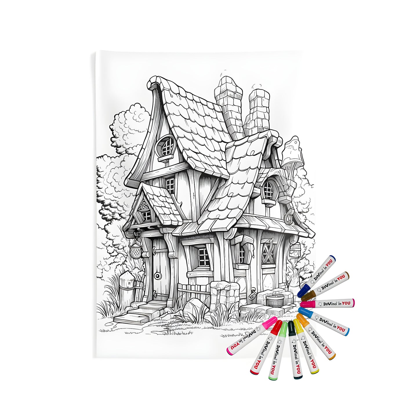 Indoor wall tapestry featuring a whimsical black-and-white fairy tale cottage design with intricate details and lush surroundings.