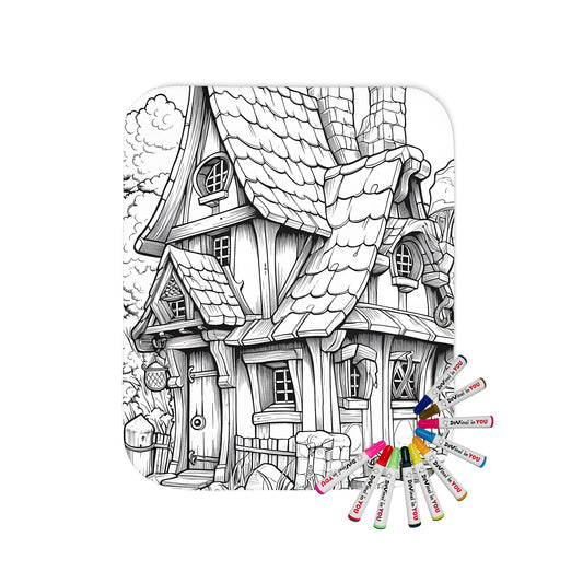 Coloring kit blanket with fabric markers on fairy tale cottage theme