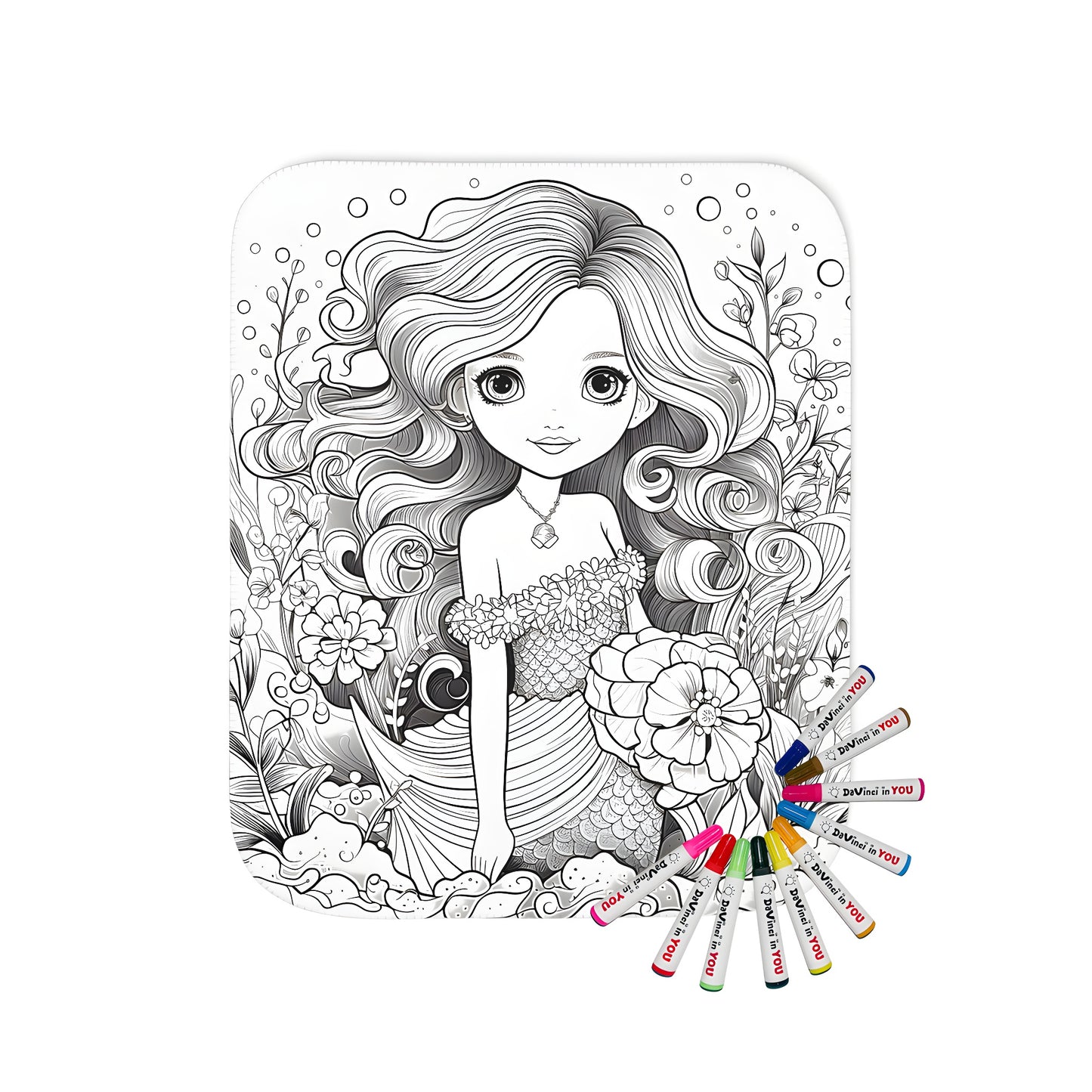 Blanket coloring kit illustration of mermaid with underwater theme, sea creatures, and ocean plants