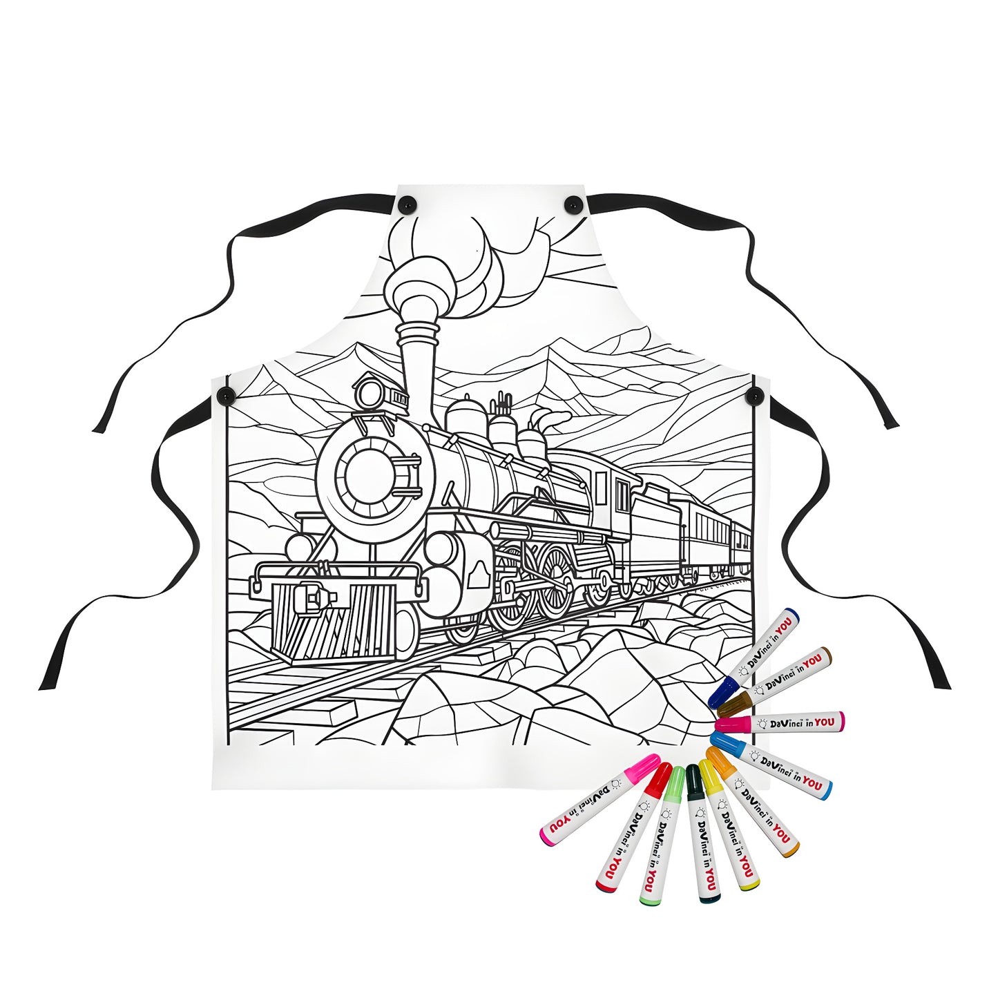 Steam engine locomotive train clothing, colorful railway apparel, artistic garment print