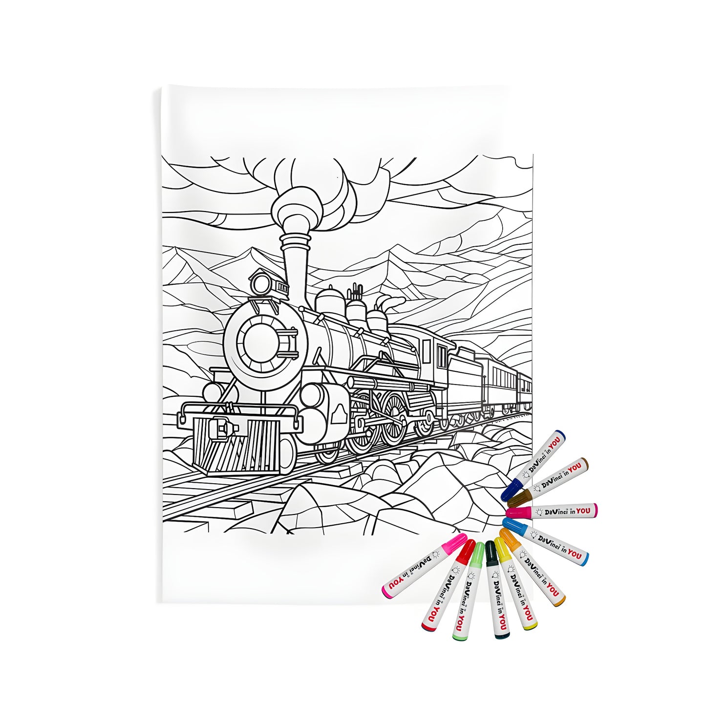 Colorful Indoor Wall Tapestry featuring a steam train locomotive design with large wheels and smoke set against mountainous terrain