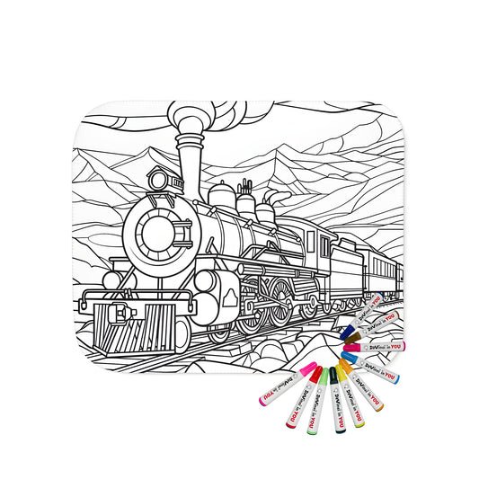 Coloring blanket of a train with large wheels and smoke, set against mountainous terrain