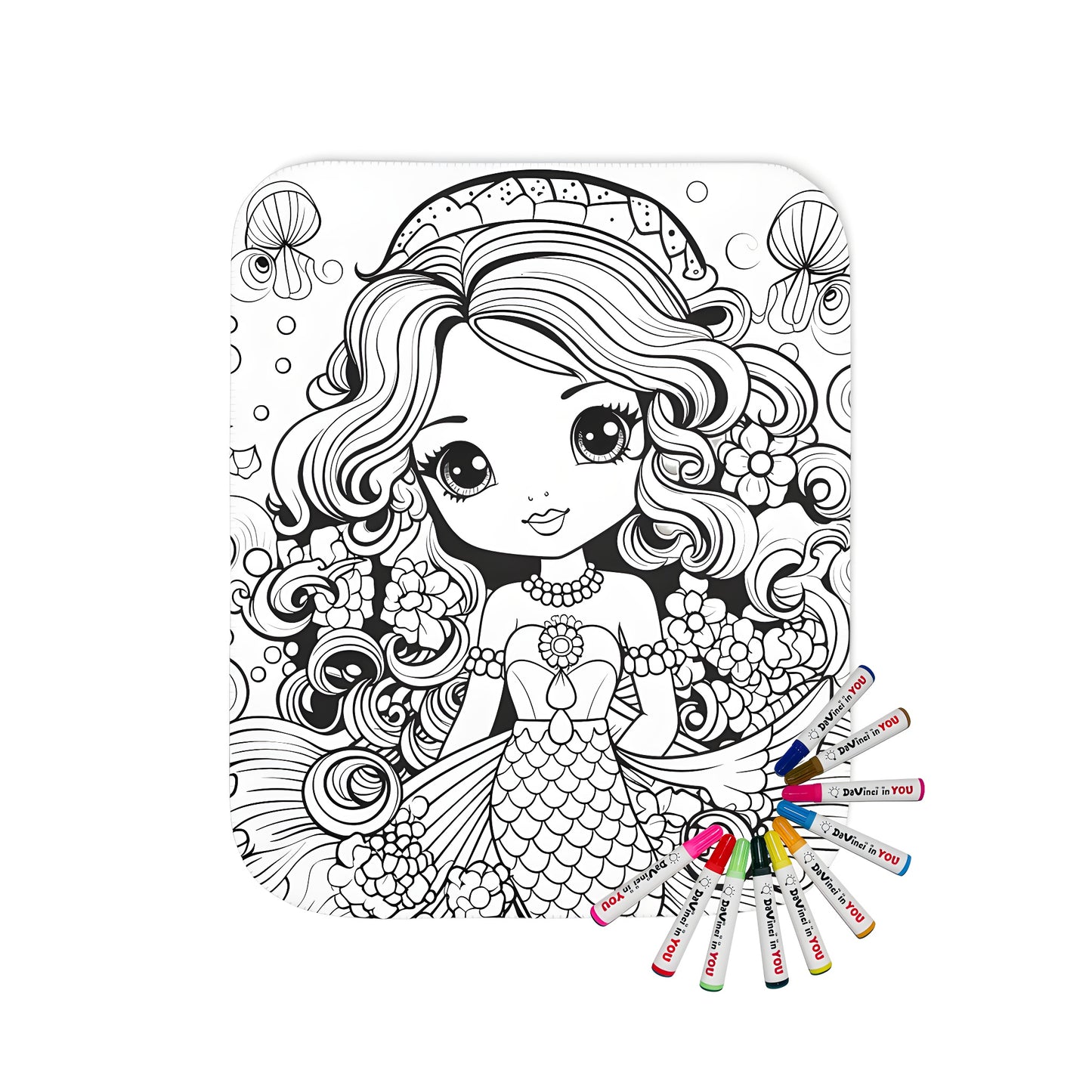 Coloring blanket with mermaid illustration, whimsical ocean scene with flowers, fish and bubbles