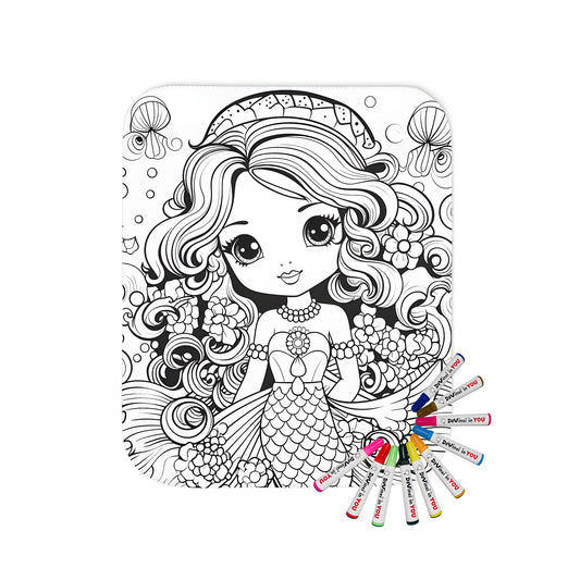 Coloring blanket with mermaid illustration, whimsical ocean scene with flowers, fish and bubbles