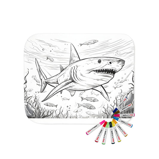 Cozy blanket featuring an exclusive coloring page design of a great white shark swimming among fish and seaweed in the ocean. Perfect for shark enthusiasts, ocean lovers, and fans of marine life.