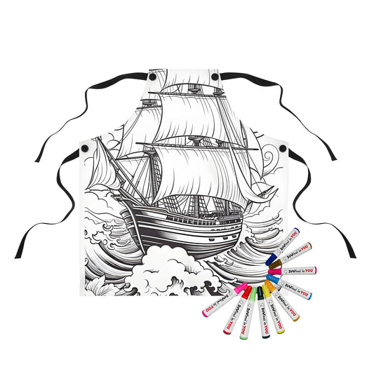 Apron featuring a vibrant sailing ship scene with flowers and clouds