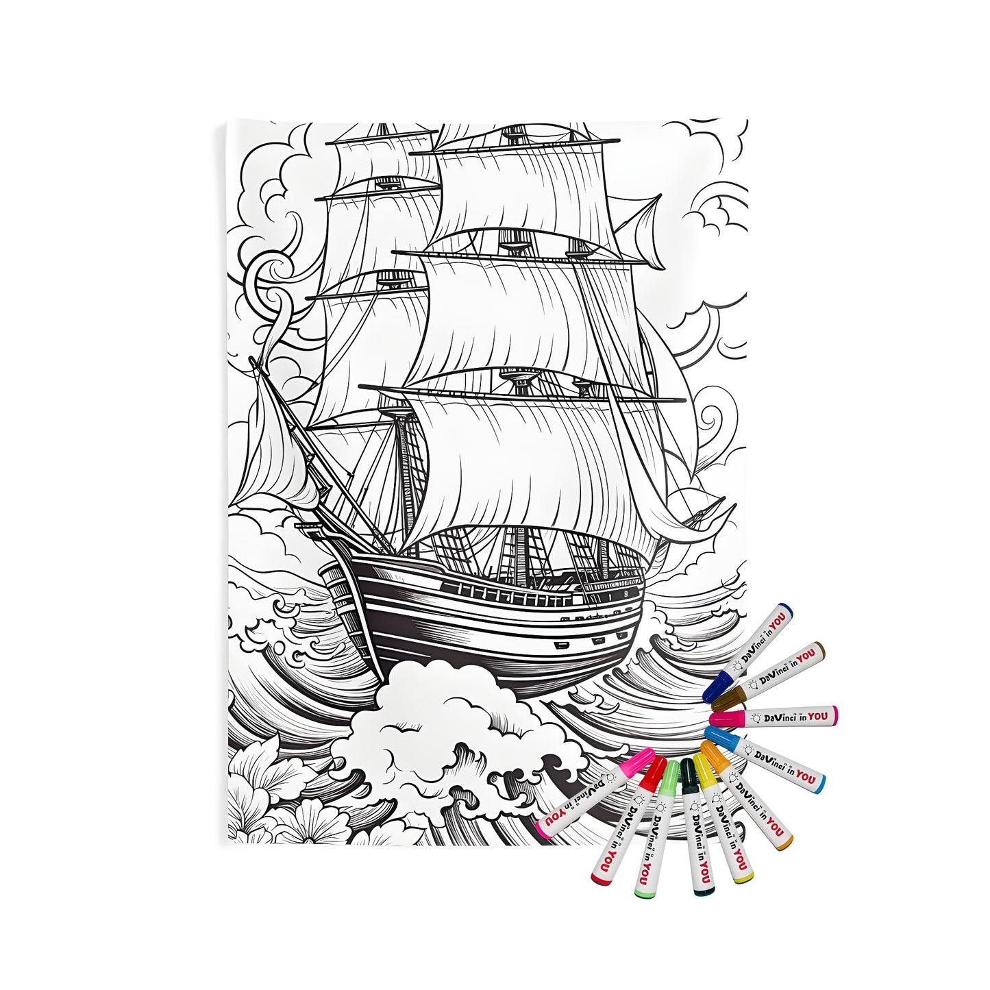 Intricately drawn sailing vessel on Indoor Wall Tapestry