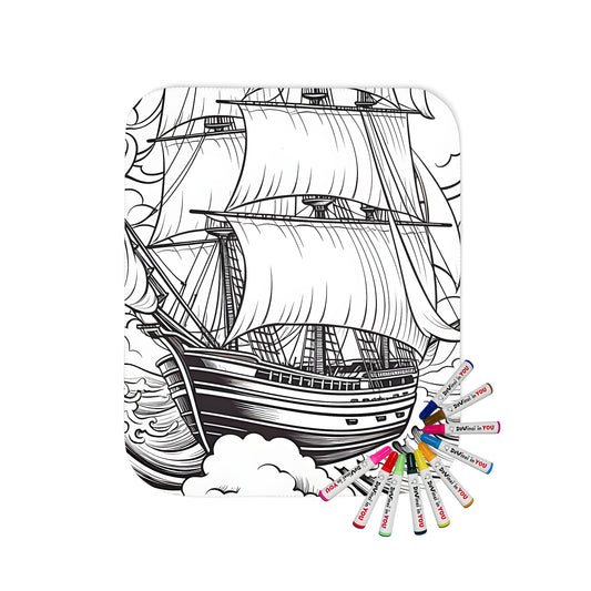 Blanket with intricate sailing boat or ship navigation design, surrounded by colorful flowers and fluffy clouds