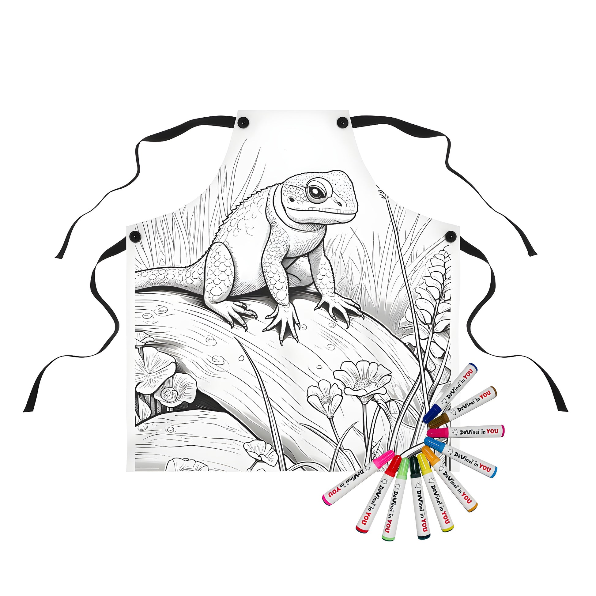 Coloring apron featuring a lizard illustration amidst nature design