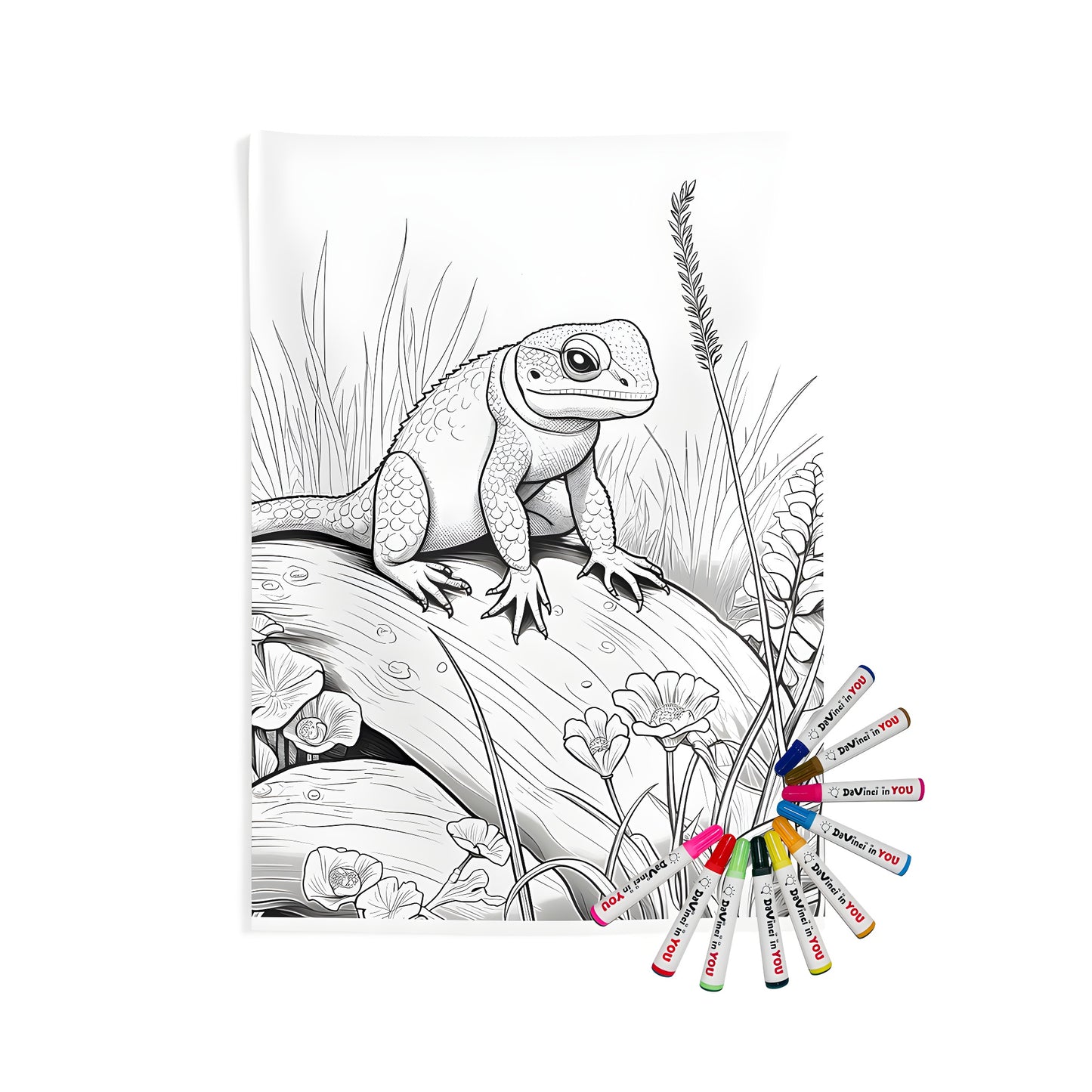 Indoor wall tapestries with a lizard nature scene, black and white illustration of a reptile on a log amidst grass and flowers with detailed textures and natural scenery