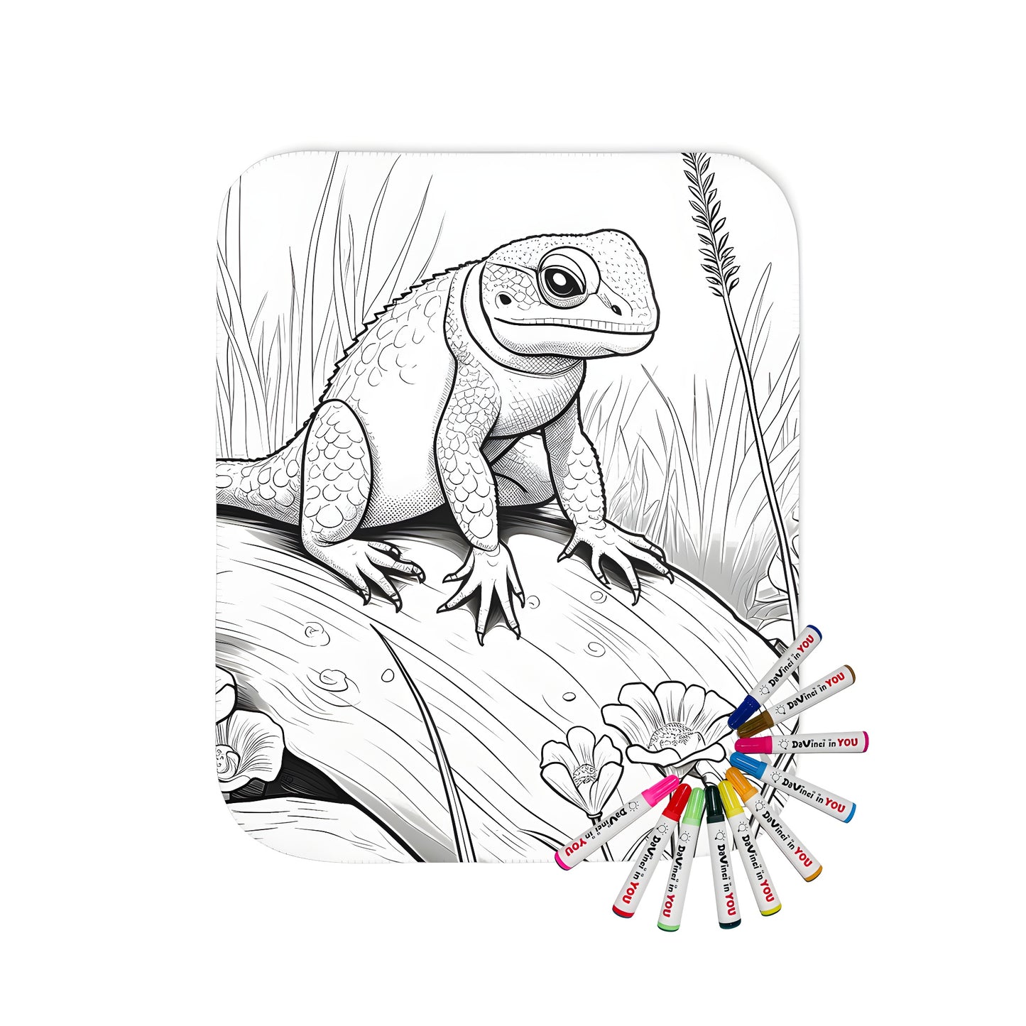 A cozy blanket featuring a colorful lizard illustration amidst nature scenery