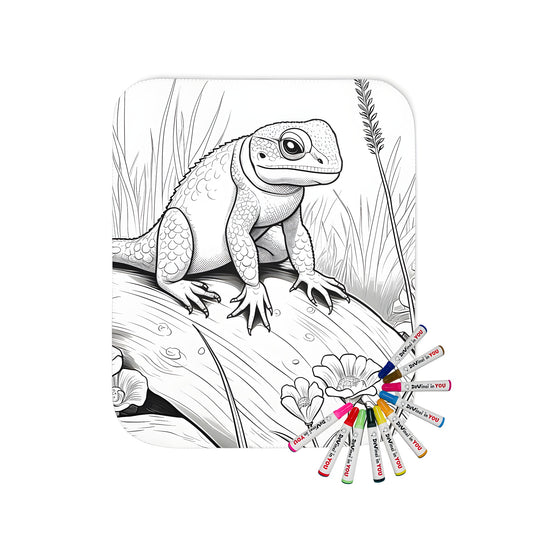 A cozy blanket featuring a colorful lizard illustration amidst nature scenery