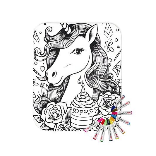 Magical unicorn blanket with colorful flowers, birthday cake, and whimsical details