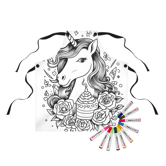 Coloring apron of a unicorn with flowing mane surrounded by roses and cake, perfect for adults or kids who love art and fantasy designs.