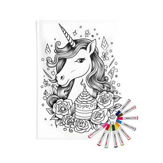 Wall tapestry featuring a whimsical unicorn design with cake, flowers, and roses