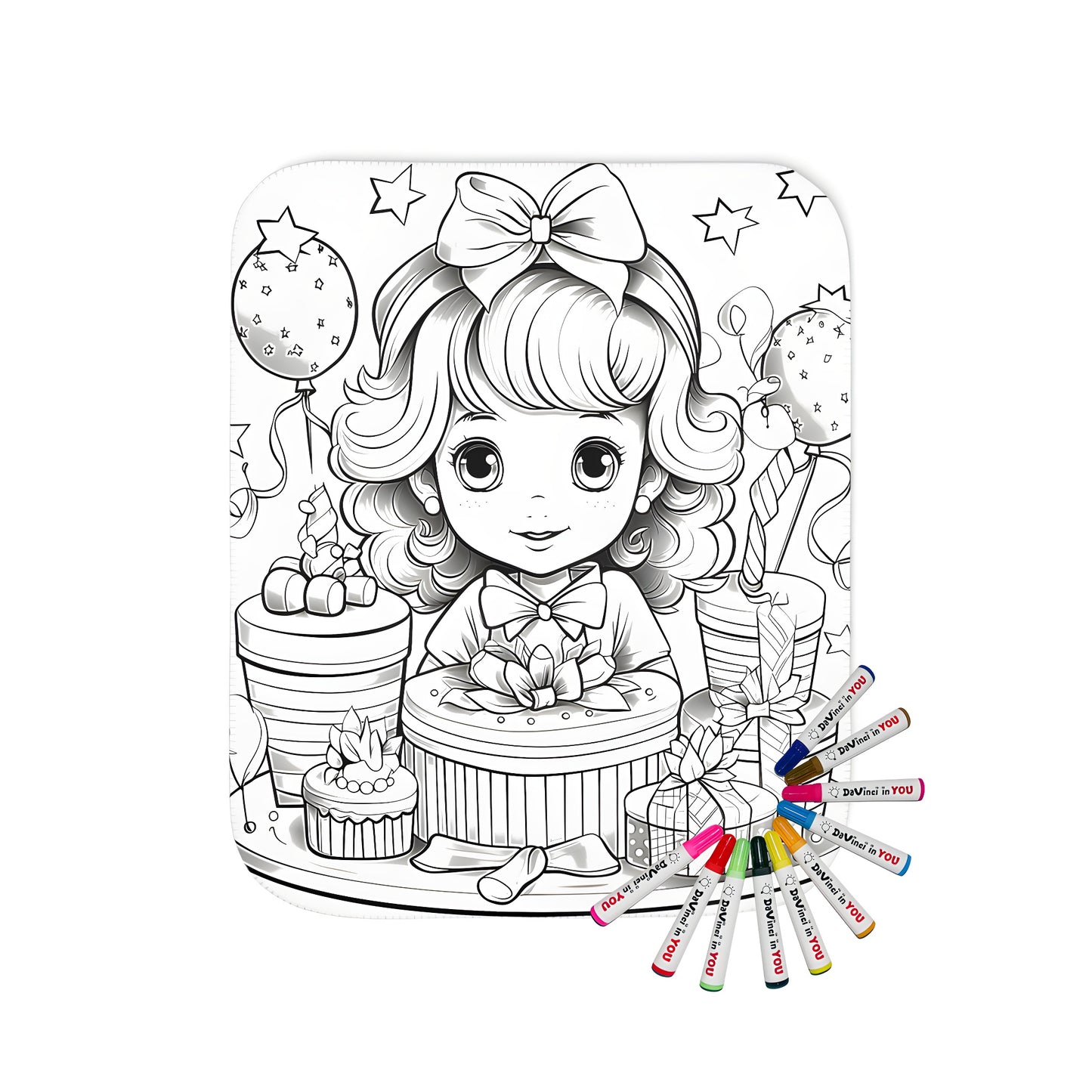 A vibrant blanket featuring a cute girl surrounded by birthday presents, cake, and balloons, with stars scattered around her. Perfect for kids who love to color.