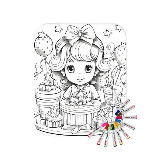 A vibrant blanket featuring a cute girl surrounded by birthday presents, cake, and balloons, with stars scattered around her. Perfect for kids who love to color.